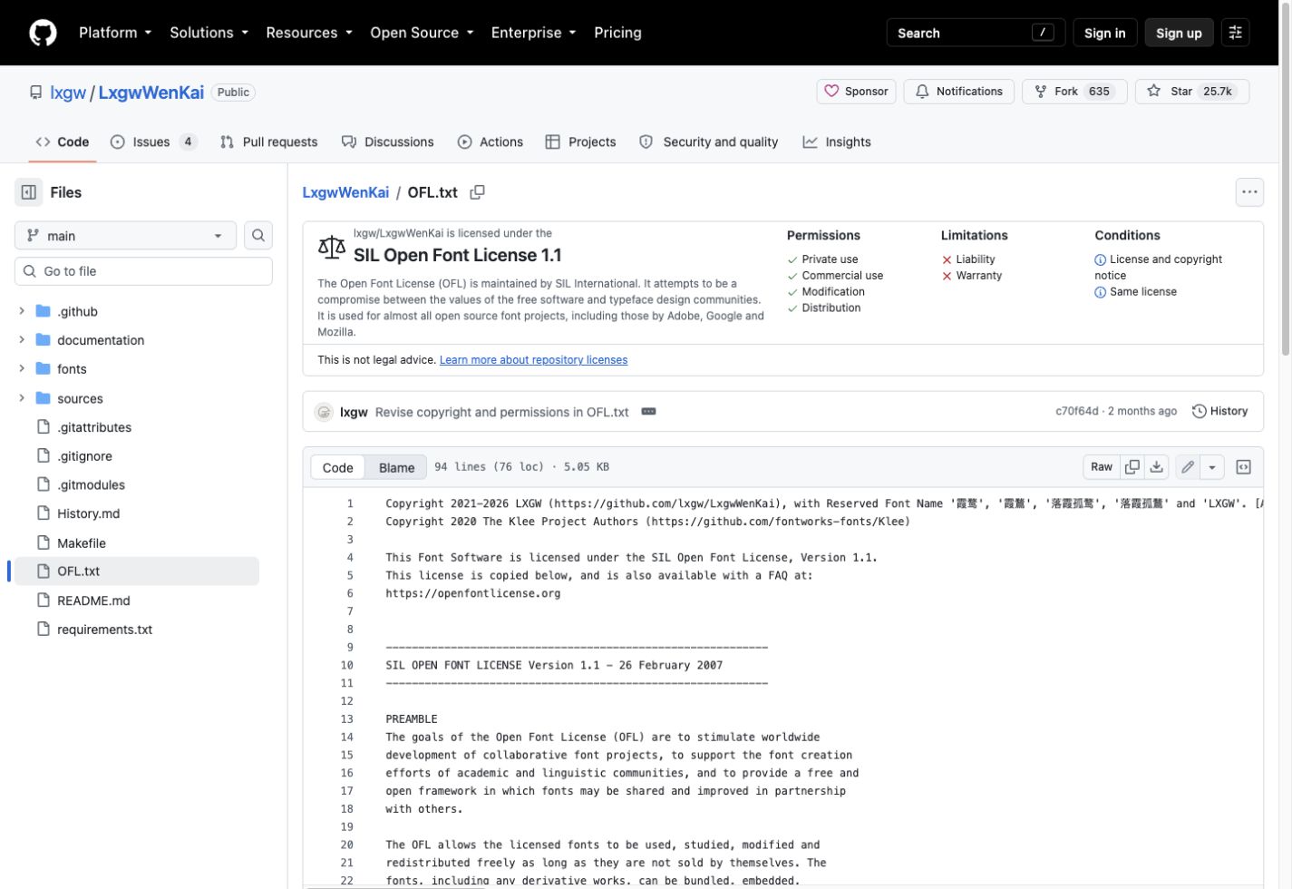 LXGW WenKai SIL Open Font License official GitHub screenshot